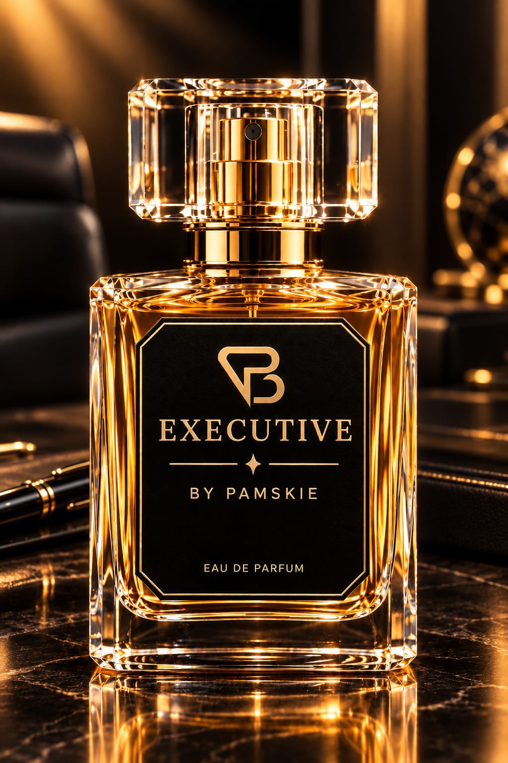 EXECUTIVE Eau de Parfum by Pamskie Luxe in a black and gold glass bottle